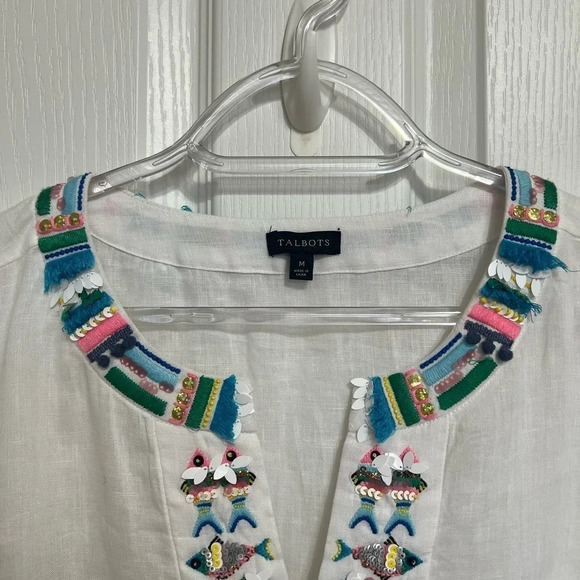 Talbots 100% Linen White Embroidered Fish  Shirt Bell Sleeves Size M - Picture 12 of 13
